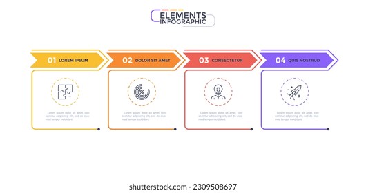 Thin line process business infographic with 4 square template and arrows. Vector illustration. Process timeline with four options, steps or sections.