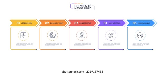 Thin line process business infographic with 5 square template and arrows. Vector illustration. Process timeline with five options, steps or sections.