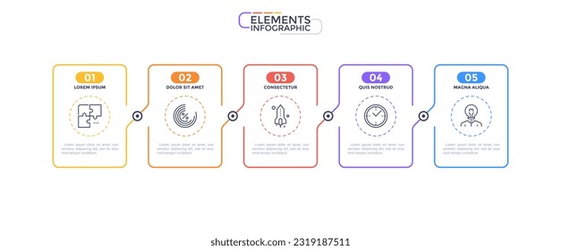Thin line process business infographic with square template. Vector illustration. Process timeline with 5 options, steps or sections. . Vector illustration for company presentation