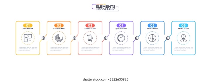 Thin line process business infographic with square template. Vector illustration. Process timeline with 6 options, steps or sections. . Vector illustration for company presentation