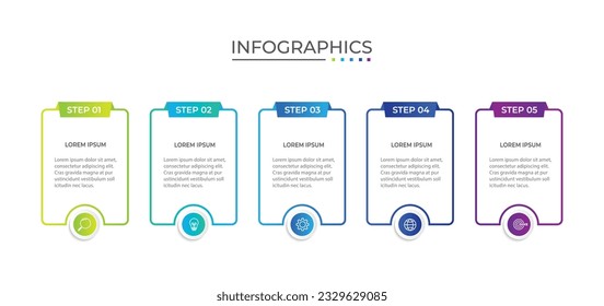Thin line process business infographic with square template. Vector illustration. Process timeline with 5 options, steps or sections.
