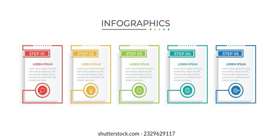 Thin line process business infographic with square template. Vector illustration. Process timeline with 5 options, steps or sections