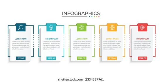 La infografía del negocio de procesos de línea delgada con plantilla cuadrada. Ilustración vectorial. Procesar la línea de tiempo con 5 opciones, pasos o secciones.