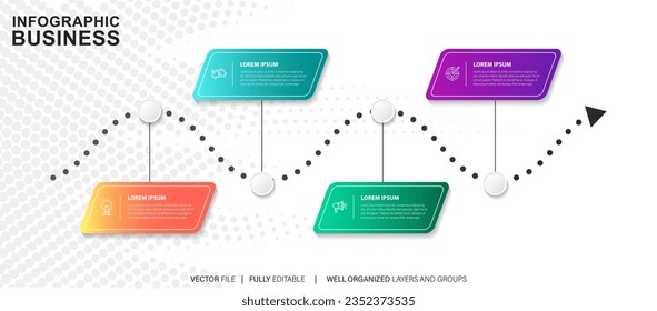La infografía del negocio de procesos de línea delgada con plantilla cuadrada. Ilustración vectorial. Procesar la línea de tiempo con 4 opciones, pasos o secciones.
