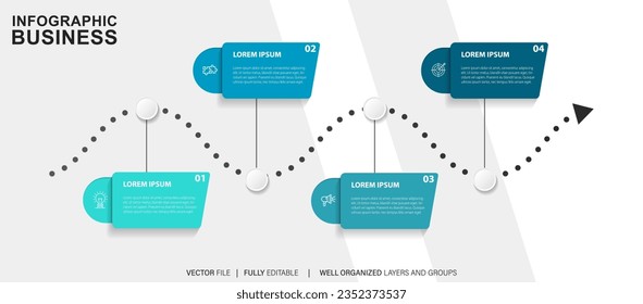 Thin line process business infographic with square template. Vector illustration. Process timeline with 4 options, steps or sections.
