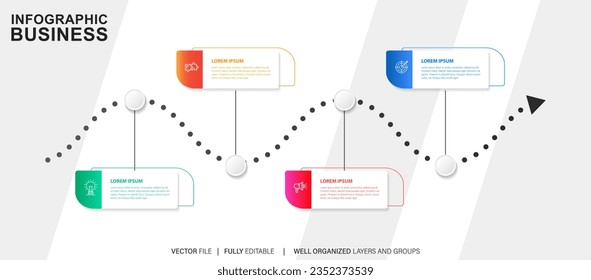 La infografía del negocio de procesos de línea delgada con plantilla cuadrada. Ilustración vectorial. Procesar la línea de tiempo con 4 opciones, pasos o secciones.
