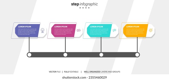 Thin line process business infographic with square template. Vector illustration. Process timeline with 4 options, steps or sections.
