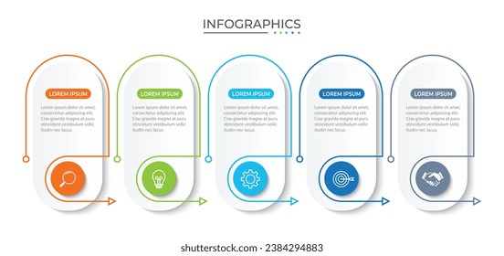 Thin line process business infographic with square template. Vector illustration. Process timeline with 5 options, steps or sections.