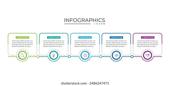 Infografía de negocios de proceso de línea delgada con Plantilla cuadrada. Ilustración vectorial. Línea de tiempo de proceso con 5 opciones