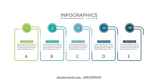Thin line process business infographic with square template. Process timeline with 5 options