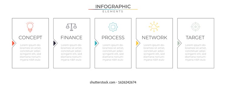 Thin line recatngle infographic design template with icons and five options. Modern vector for company and corporate business project and presentation. Eps 10