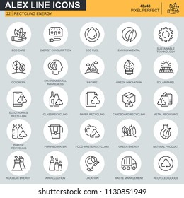 Thin line recycling, environmental protection, eco care icons set for website and mobile site apps. Contains such Icons as Eco, Innovation. 48x48 Pixel Perfect. Editable Stroke. Vector illustration.