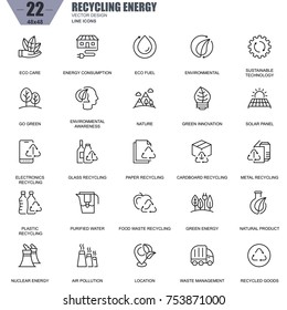 Thin line recycling, environmental protection, eco care icons set for website and mobile site apps. Contains such Icons as Eco, Innovation. 48x48 Pixel Perfect. Editable Stroke. Vector illustration.
