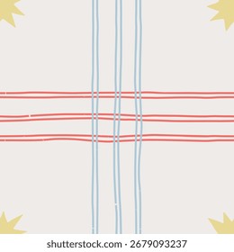Thin line red and blue checkered repeatable pattern with star. Modern vintage seamless vector illustration.