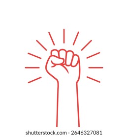 Linha fina vermelho mão para cima ícone. soviético, radical, patriótico, solidariedade, rebelião, propaganda, conceito militar. isolado no fundo branco.