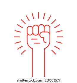 thin line red hand up icon. concept of soviet, radical, patriotic, solidarity, uprising, propaganda, military. isolated on white background. flat style modern logotype design vector illustration