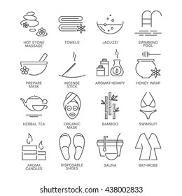 Thin line relaxation spa therapy icons set isolated on white background. Web graphics simple mono outline symbol collection. Premium quality linear stroke vector logo concept pictogram pack.