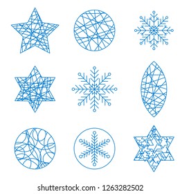 Thin line retro style Christmas design element set with snowflakes and decorated ornamental  new year balls