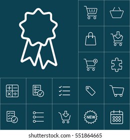 thin line ribbon sticker, badge icon on blue background, shopping icons set