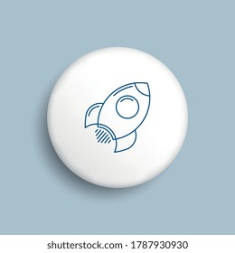 Thin line Rocket icon on realistic white button on a blue background