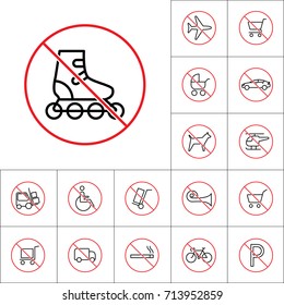 thin line roller skates prohibition sign on white background, transport prohibition signs