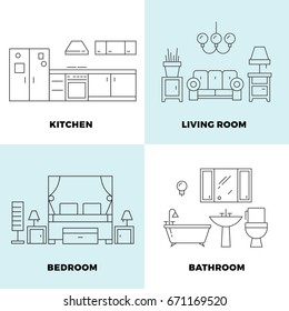 Thin line rooms concepts - apartment concept design. Furniture for home rooms. Vector illustration