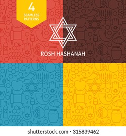 Thin Line Rosh Hashanah Holiday Patterns Set. Four Vector Jewish New Year Design and Seamless Background in Trendy Modern Line Style. Israel Judaism Religion