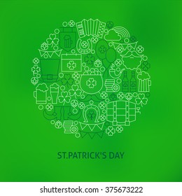 Thin Line Saint Patrick Day Icons Set Circle Shaped Concept. Vector Illustration of Spring Holiday Objects over Blurred Green Background. 