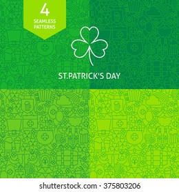 Thin Line Saint Patrick Day Patterns Set. Four Green Vector Design and Seamless Background in Trendy Modern Outline Style.
