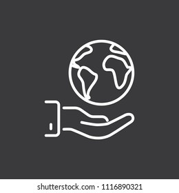 thin line save world, earth in hand icon on dark background