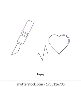Thin line scalpel, pulse and heart icons on white background; surgery logo, heart operation symbol. Minimalist medical icons. Simple health care symbols. Editable stroke.