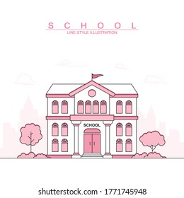 Thin line School Building vector illustration, isolated on white background. Simple and trendy with Pink and Red color