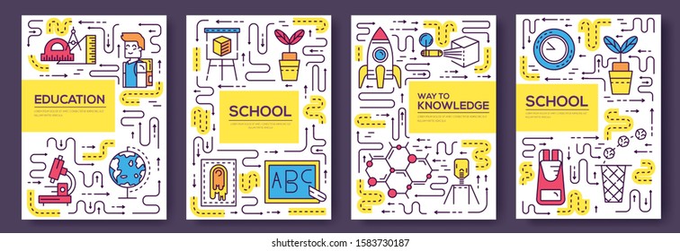 Thin line school class brochure card set.  Pupils in classroom of flyer, magazines, poster, book cover, banner. Outline equipment invitation concept