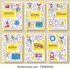 Thin line school class brochure card set.  Pupils in classroom of flyear, magazines, poster, book cover, banner. Outline equipment invitation concept