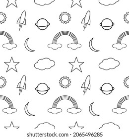 Thin line seamless pattern star, cloud, moon, sun, rocket, planet saturn isolated on white background