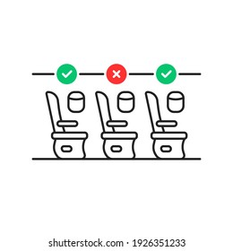 thin line seats in airplane like safe distance icon. concept of new flight rules for the pandemic period or information boards element on the plane. flat linear modern graphic stroke side view design