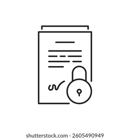 thin line secure document icon with signature. graphic design element for web or internet in simple linear style. smart protected contract pictogram or general personal data protection regulation