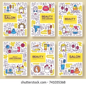 Thin line seller standing in boutique brochure cards set.  Stylish fashionable clothes template of flyear, magazines, poster, book cover, banners. Outline Fashionable invitation concept