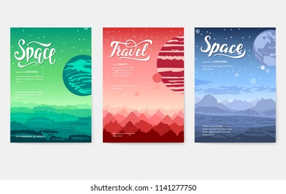 Thin line set of colorful covers with different planets and Around Universe headline concept.  Vector flat outline design 