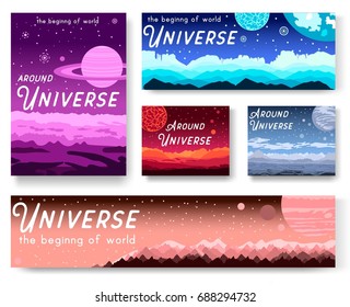 Thin line set of colorful covers with different planets and Around Universe headline concept.  Vector flat outline design illustration.