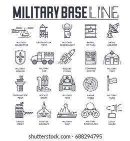 Thin line set of different rocket weapons and vehicles on military base concept.  Outline military base vector illustrationd design.