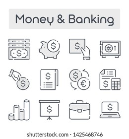 Thin Line Set with Gray Shades of Money and Banking related vector icons.