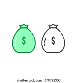 thin line set of money bag logo. concept of retirement planning or future income storage like accounting. linear flat cartoon moneybag logotype graphic cute design illustration isolated on white