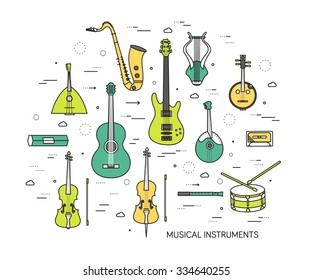 Thin line set of musical instruments modern illustration concept. Infographic way from melody to concert. Icons on background. Flat vector template design for web and mobile application