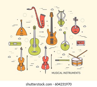 Thin line set of musical instruments modern illustration concept. Infographic way from melody to concert. Icons on background. Flat vector template design for web and mobile application