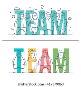 Thin line set of stylized business people of words team. Doodle drawn style vector illustration. Minimal style of consept. Isolated teamwork concept on white background