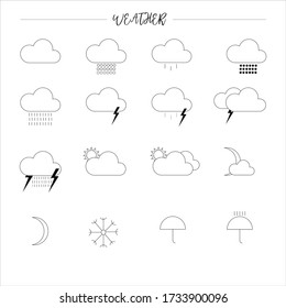 Thin line set of Weather vector icons on white background. Contains symbols of the sun, clouds, snowflakes, lightning, umbrella, moon and much more. Editable Stroke. Minimalist weather symbols. 