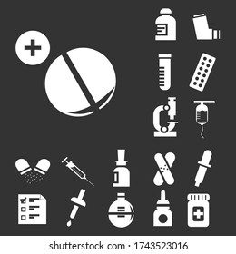 Thin line set of white minimalist medical icons on black background. Simple health care symbols. Drugs, pain killers, eye drop, serum, vaccine, drug container, capsule, microscope and more. Eps 10. 
