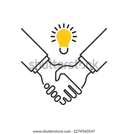 thin line shakehand with abstract bulb icon. simple outline trend modern stroke efficacy enterprise logotype graphic design element isolated on white. concept of financial help or venture invest