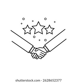 thin line shakehand with star like partnership. flat linear simple trend stroke gift logotype design element isolated on white. concept of consumer service symbol or great deal support